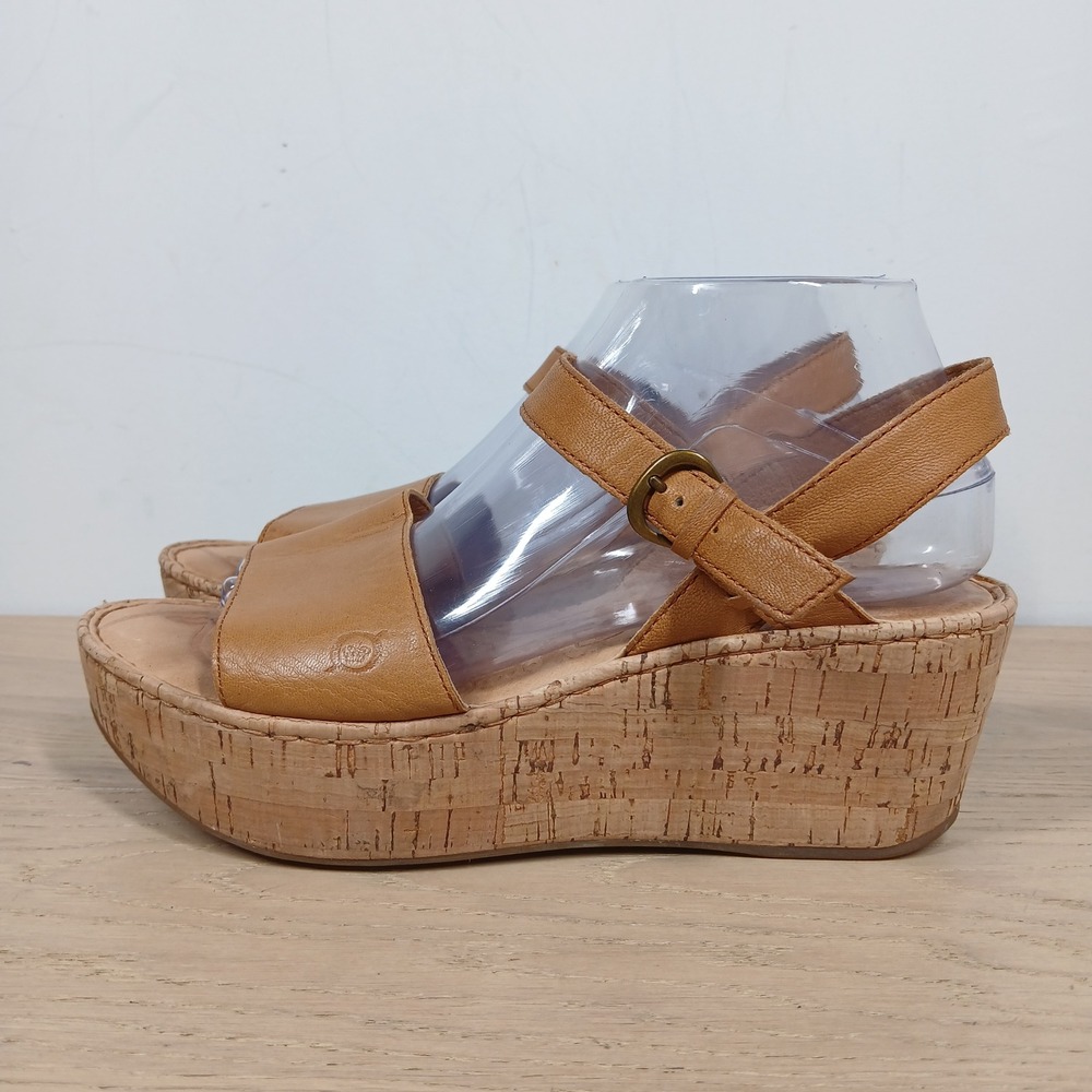 Born Wedge Sandals Women 9 Tan Leather Cork Platform Ankle Strap Summer Heels
